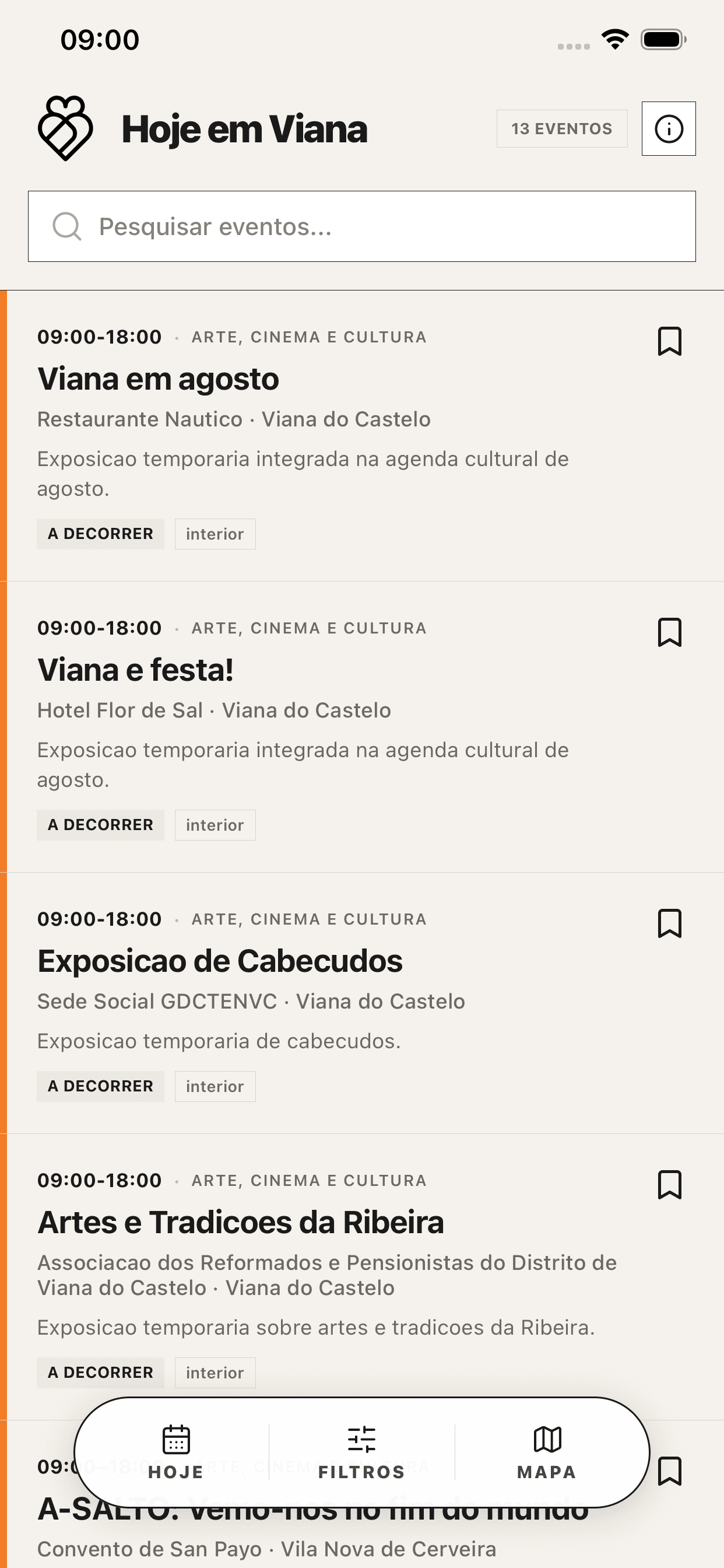 Lista de eventos na app
